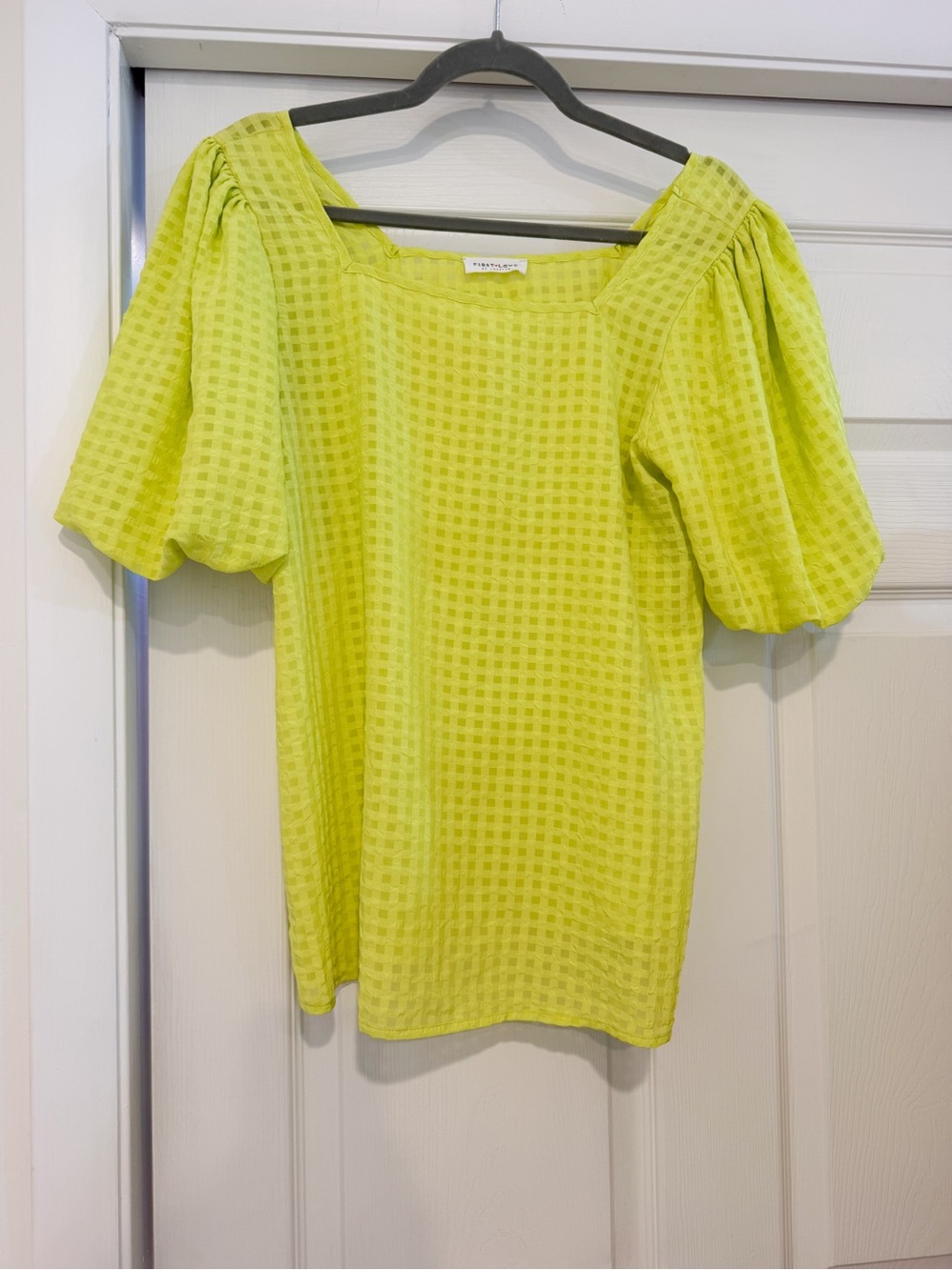 First Love Neon Lime Puff Sleeve Square Neck Blouse